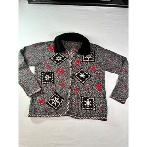 Vintage Style Snowflake Embroidered Cardigan Faux Fur Collar Salt Pepper XL